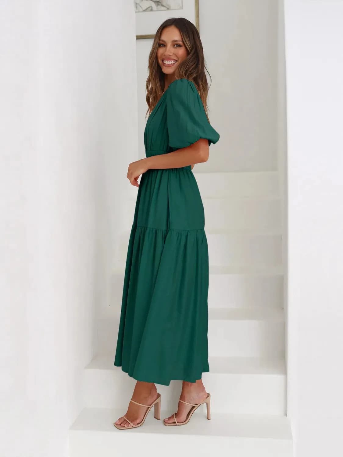 Tiered Surplice Half Sleeve Midi Dress in Multiple Colors