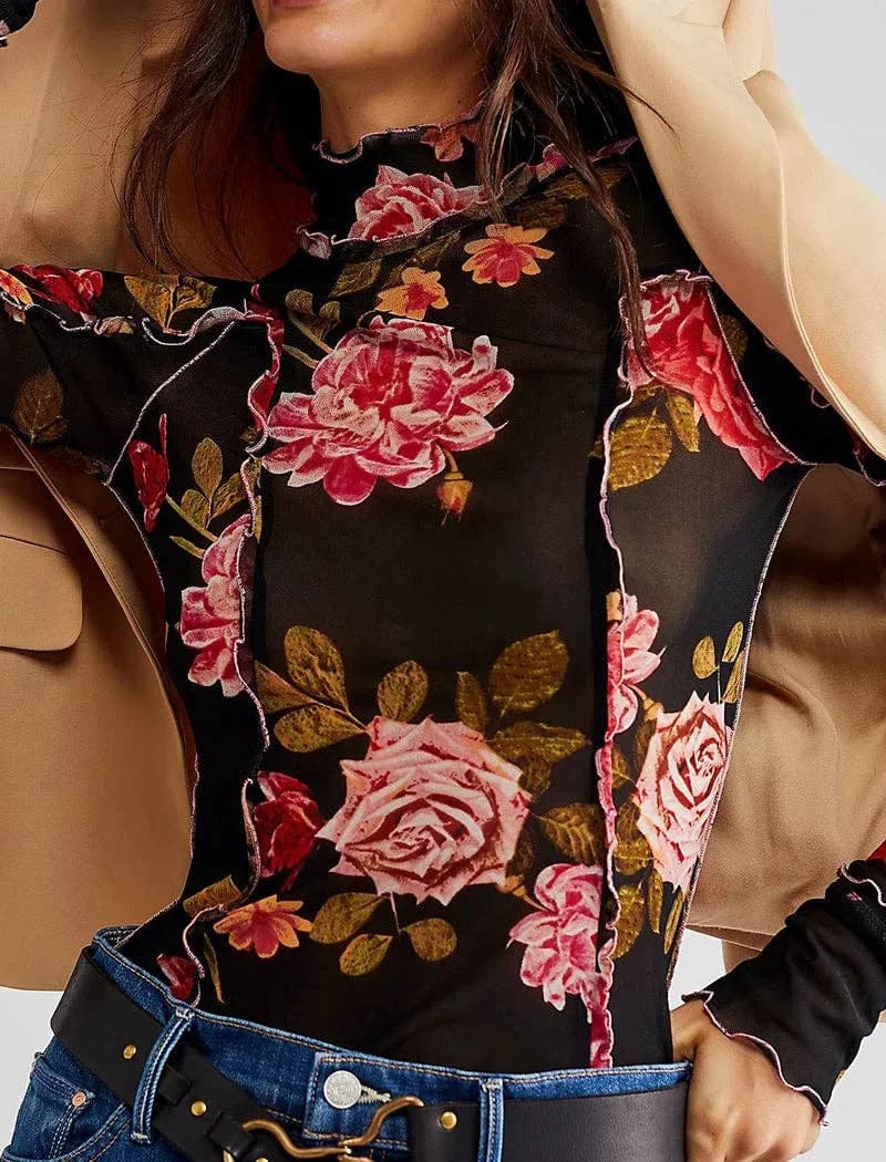 Floral Ruffle Trim Long Sleeve Top
