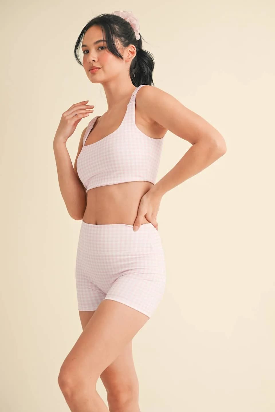 Pink Gingham Print Ruched Bra Top by Kimberly C