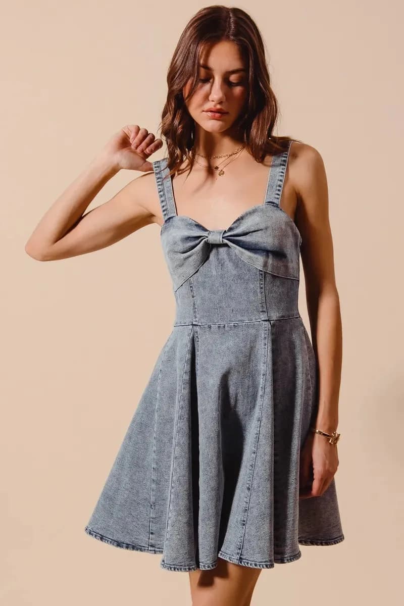 SO ME Mineral Washed Bow Ribbon Denim Flare Dress