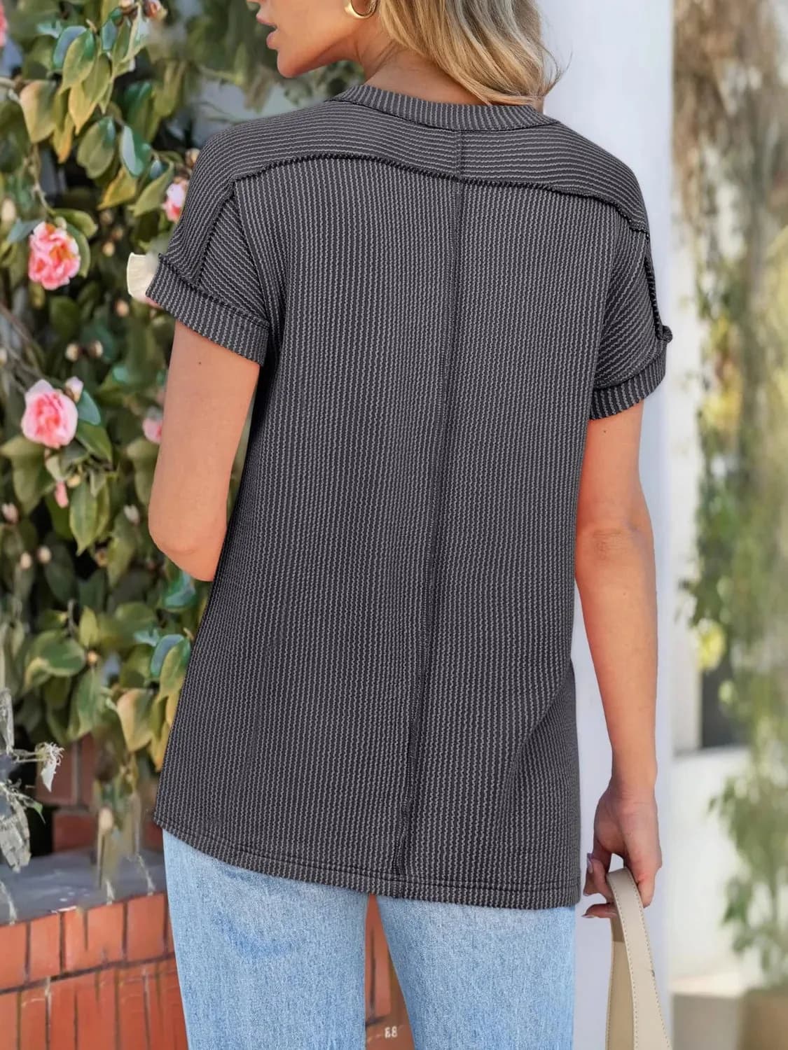 Textured Round Neck Short Sleeve T-Shirt in Multiple Colors