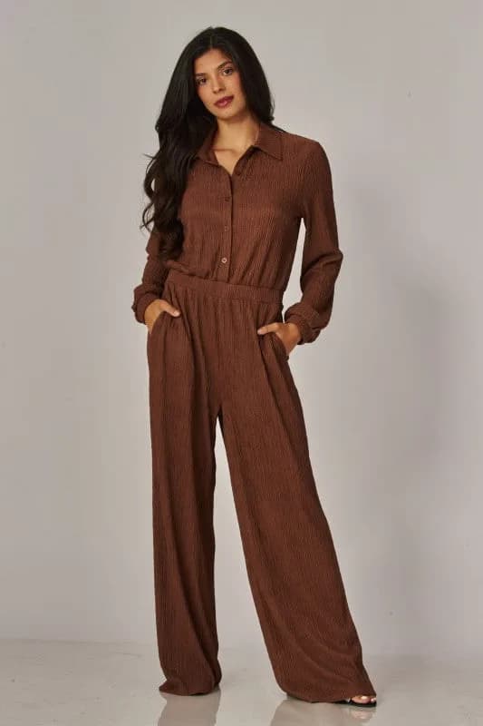 Crinkled Plisse Button Up Casual Jumpsuit