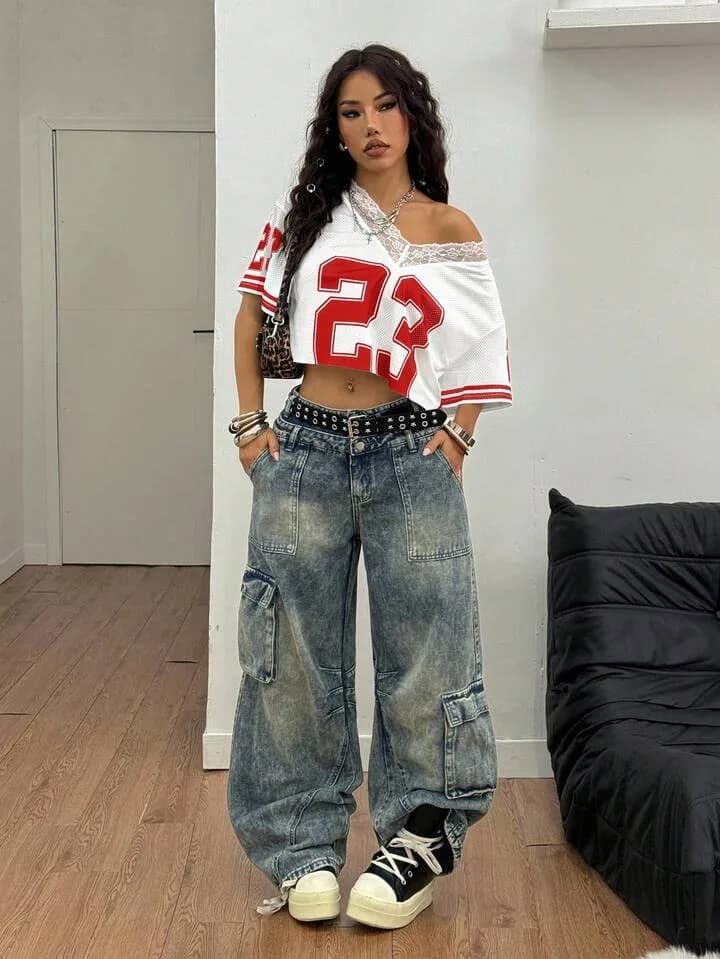 White and Red Lace Trim Mesh Crop Top Jersey