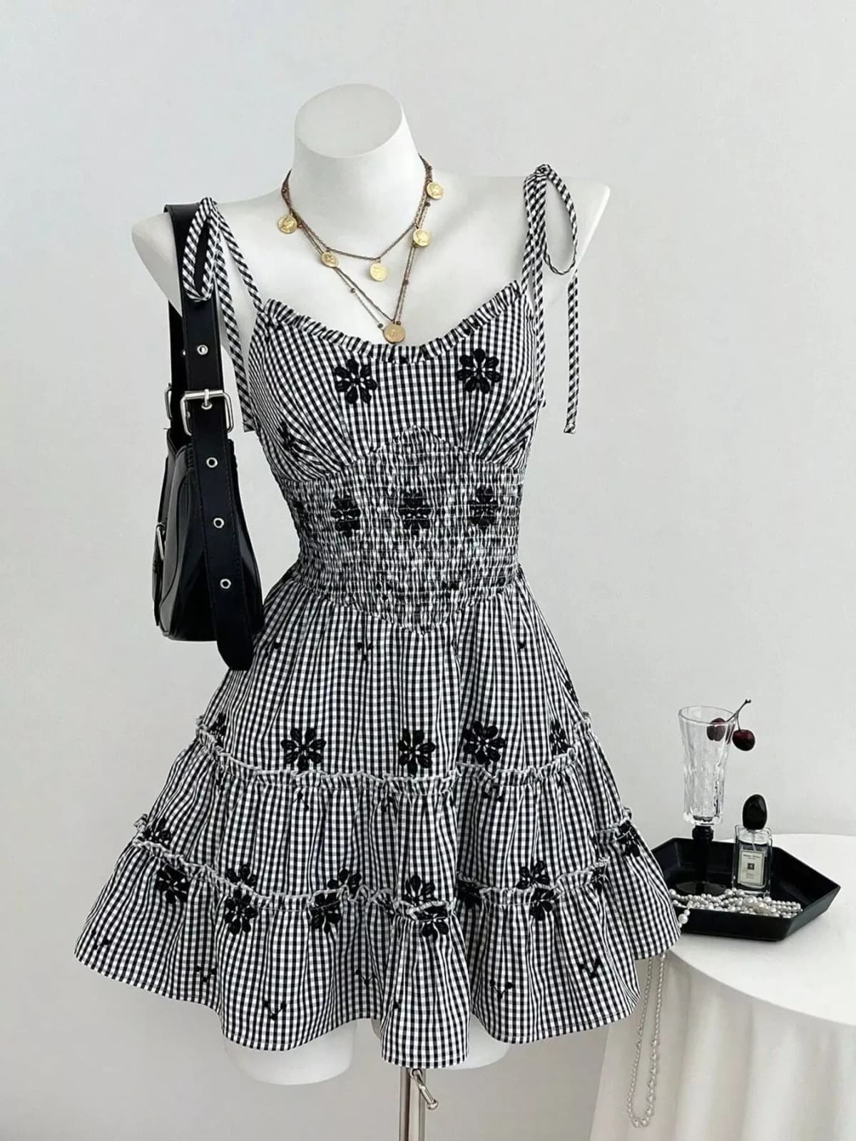 Gingham Floral Tiered Mini Dress