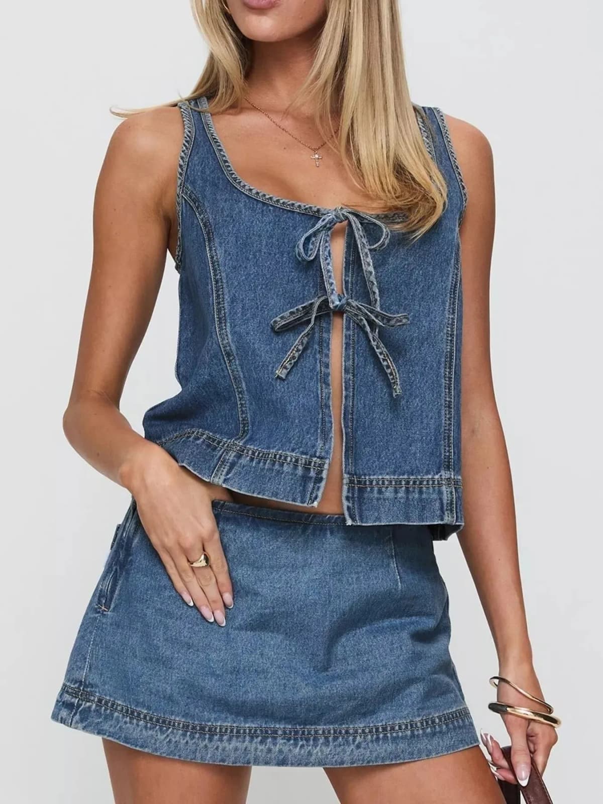 Tie-Front Tank and Skirt Denim Set