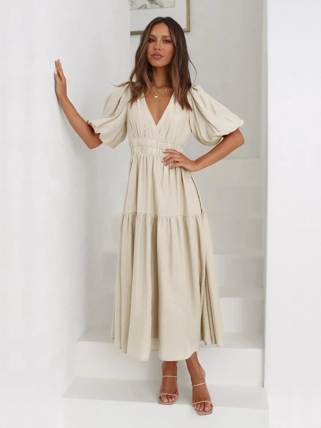 Tiered Surplice Half Sleeve Midi Dress in Multiple Colors