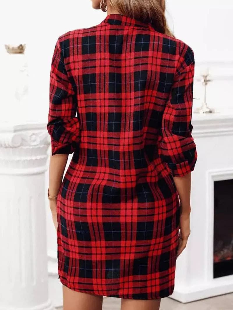 Plaid Lace Up Cut Out V Neck Side Split Dress