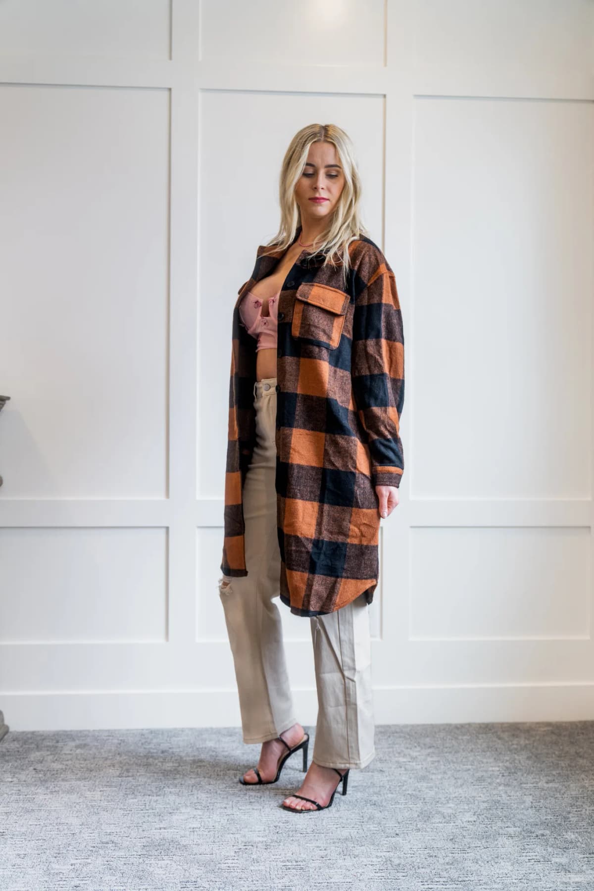 Plaid Flap Pocket Long Shacket by La Miel