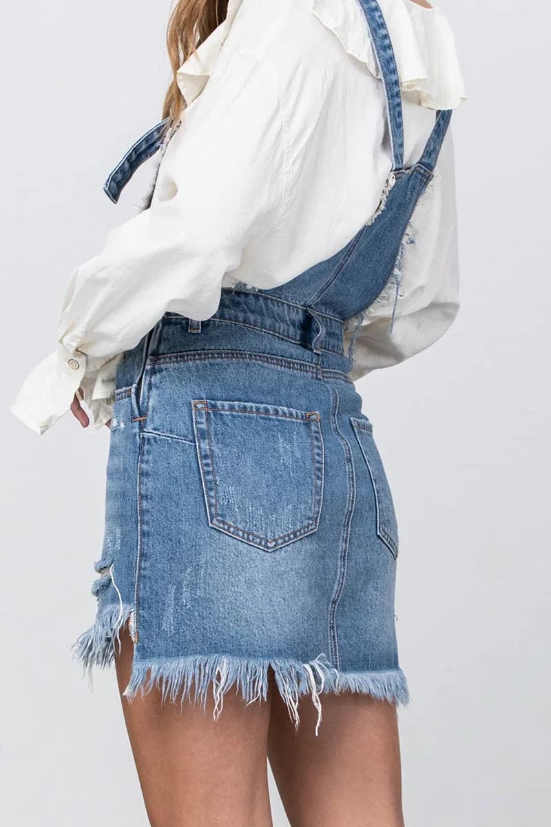 Frayed Hem Distressed Overall Denim Skirt