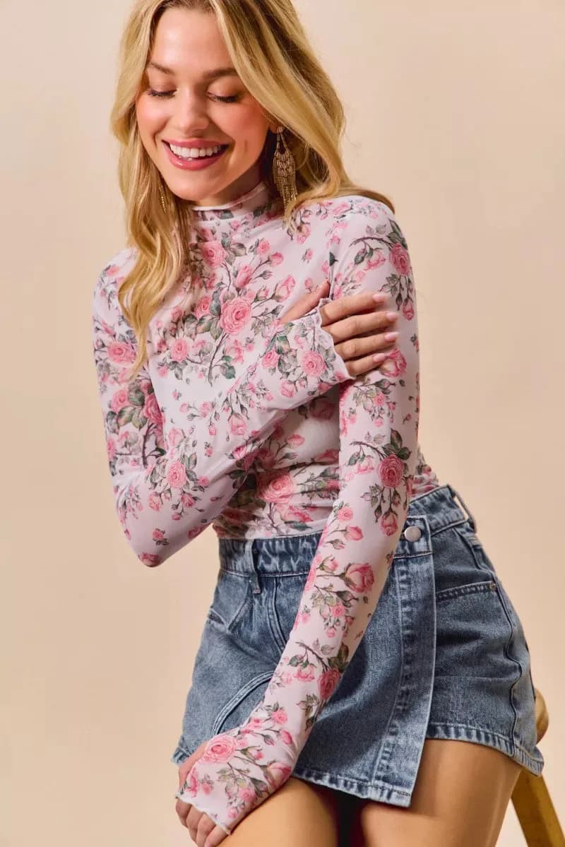 SO ME Floral Rose Print Mesh Sheer Layering Top