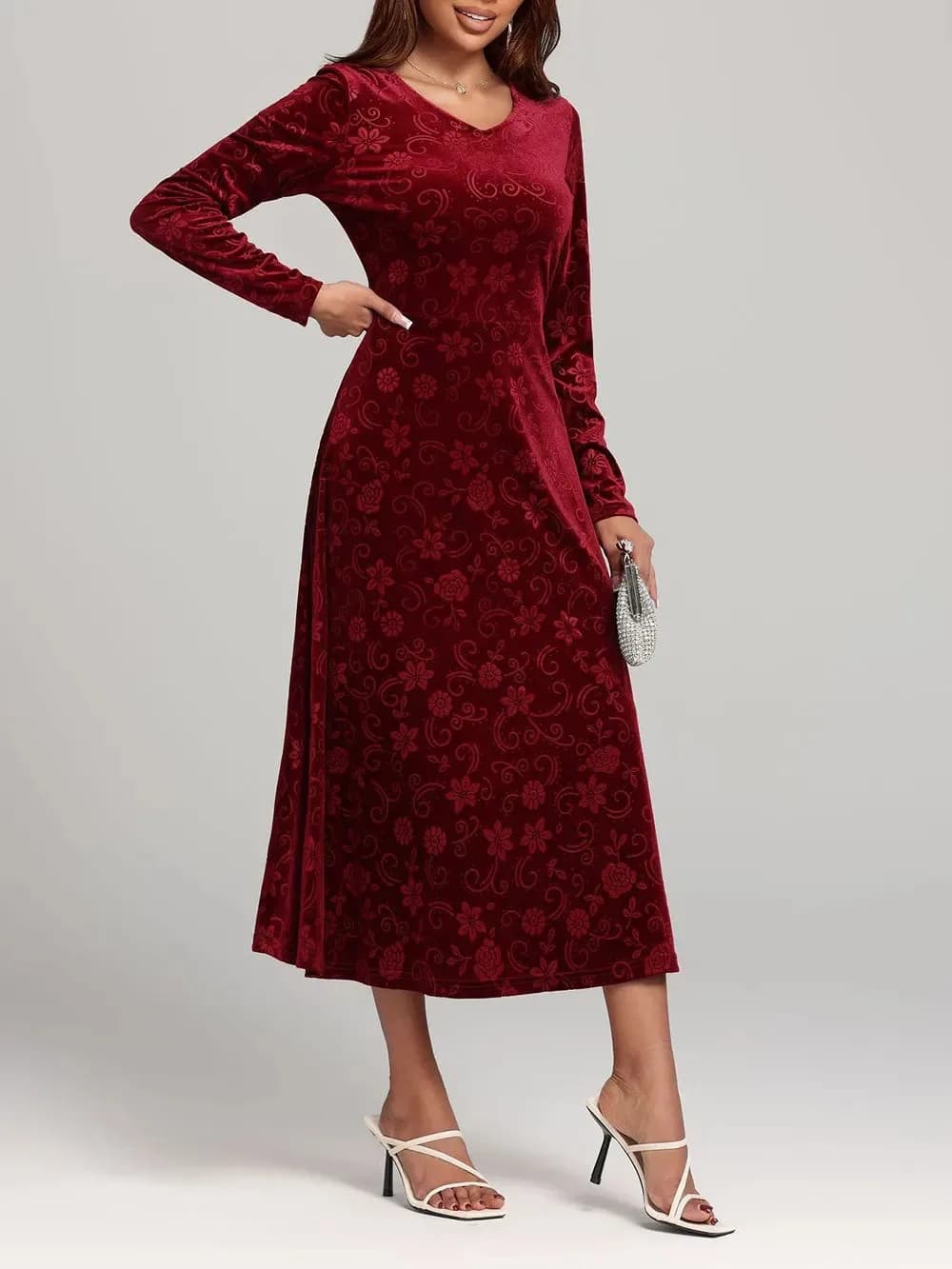 Flower Print V-Neck Long Sleeve Midi Dress