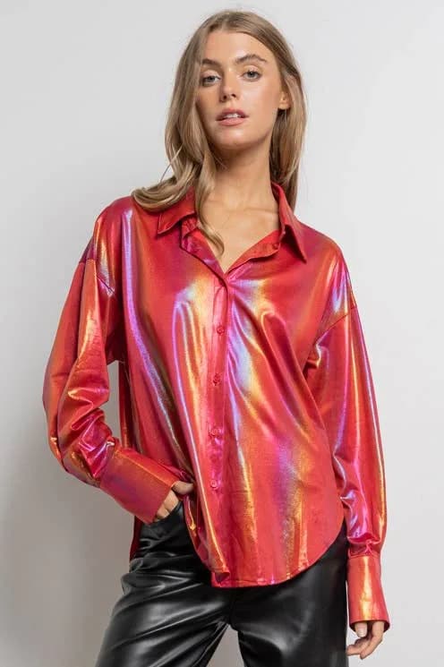 Rainbow Button Up Long Sleeve Blouse Shirt by KIWI
