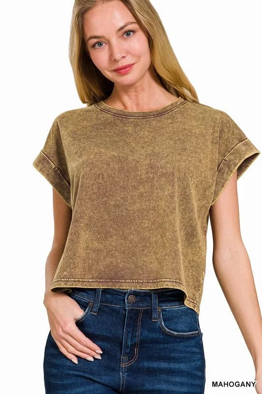 Acid Wash Cotton Folded Sleeve Top Zenana