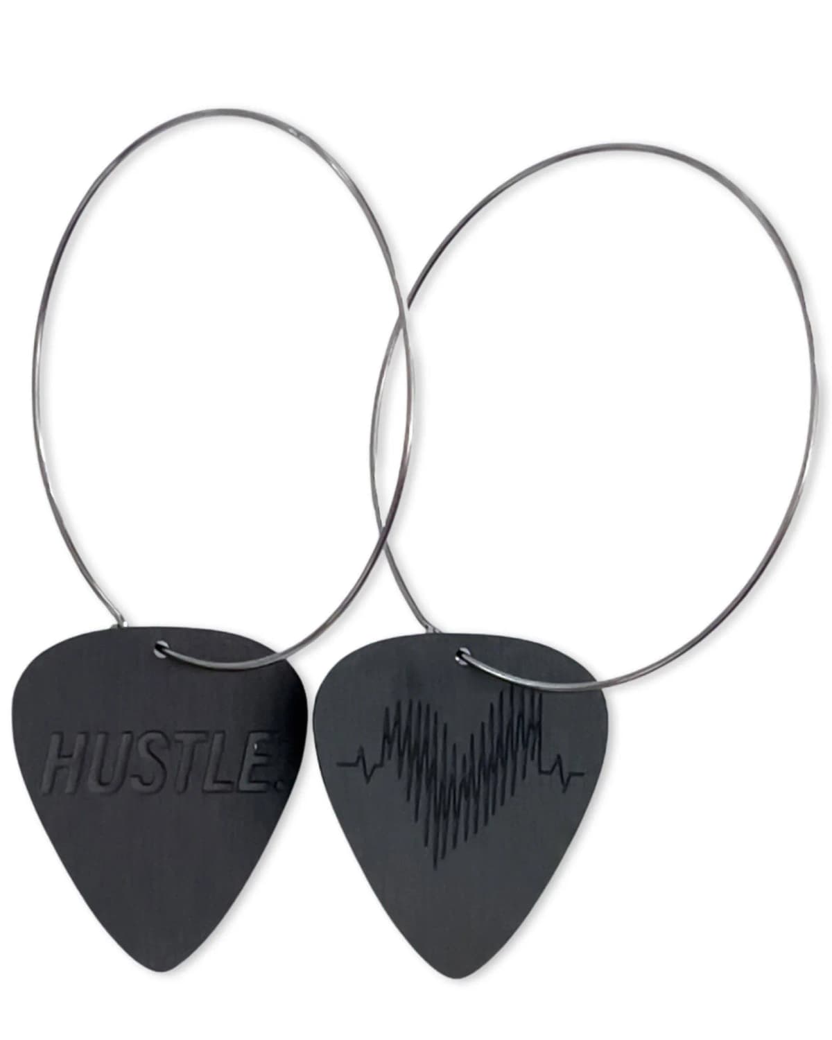 Black Meta Earrings Hustle Steel Guitar Pick Earrings Groupie Love (50mm)