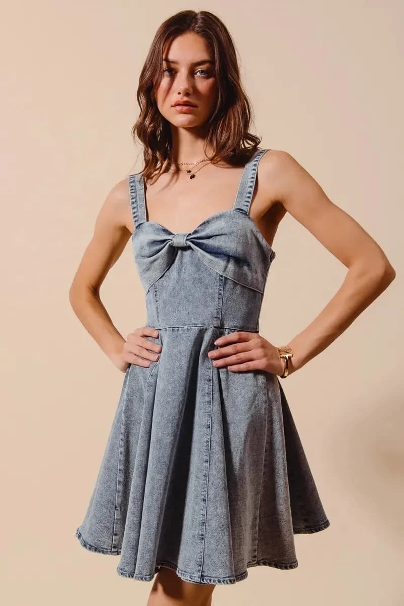 SO ME Mineral Washed Bow Ribbon Denim Flare Dress