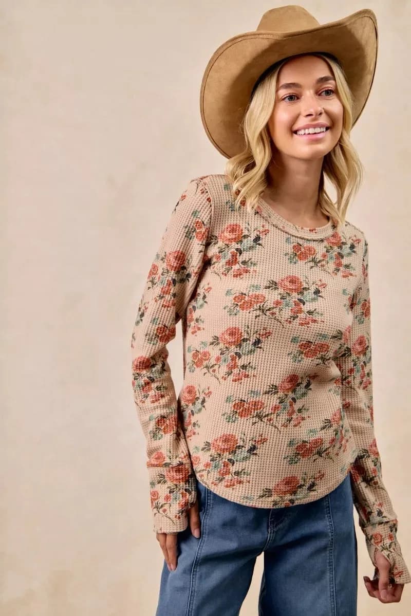 BiBi Floral Print Washed Waffle Thermal Top with Thumb