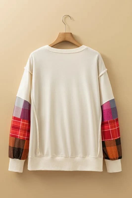 Plaid Patchwork Long Sleeve Exposed Seam Top