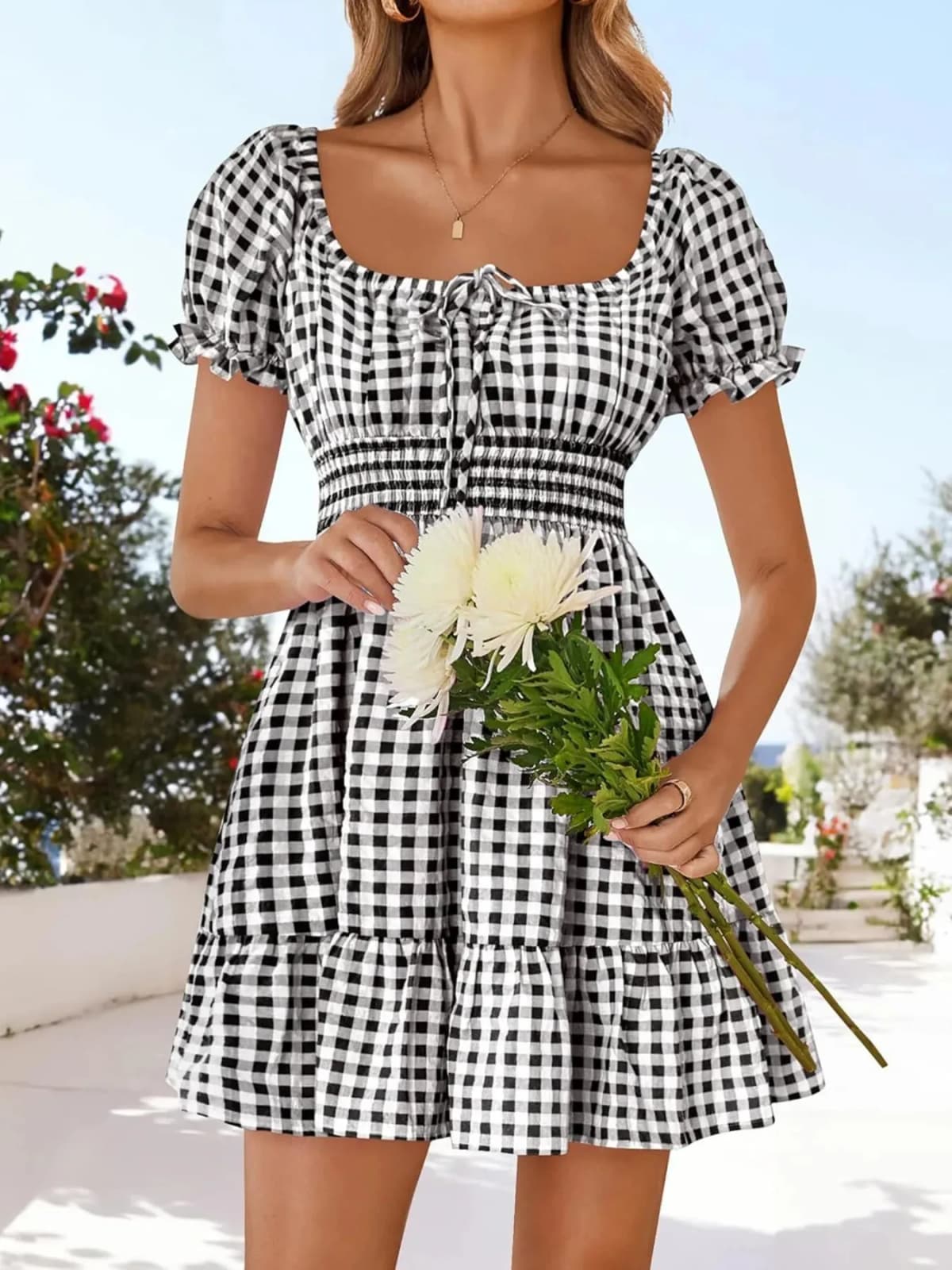 Gingham Smocked Puff Sleeve Summer Dress