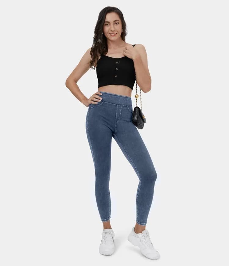 High Waisted Back Pocket Stretchy Knit Denim Casual Leggings by Halara (Blue)