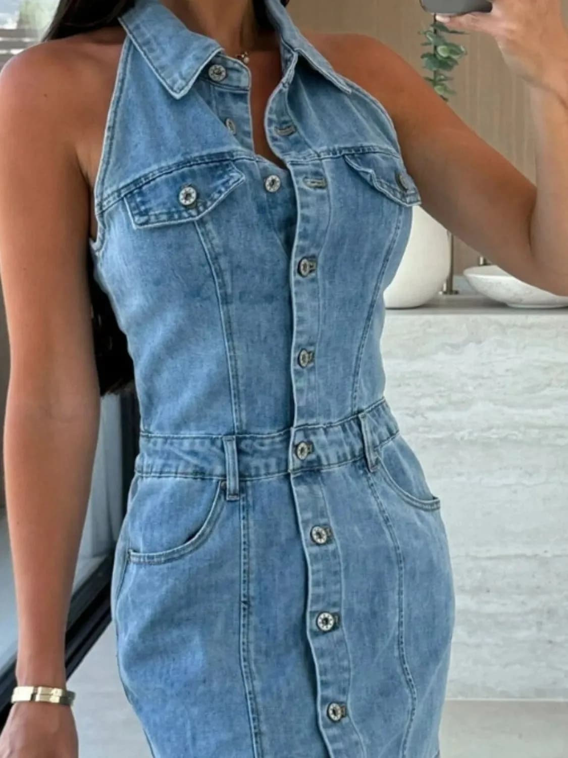Button Front Sleeveless Denim Mini Dress