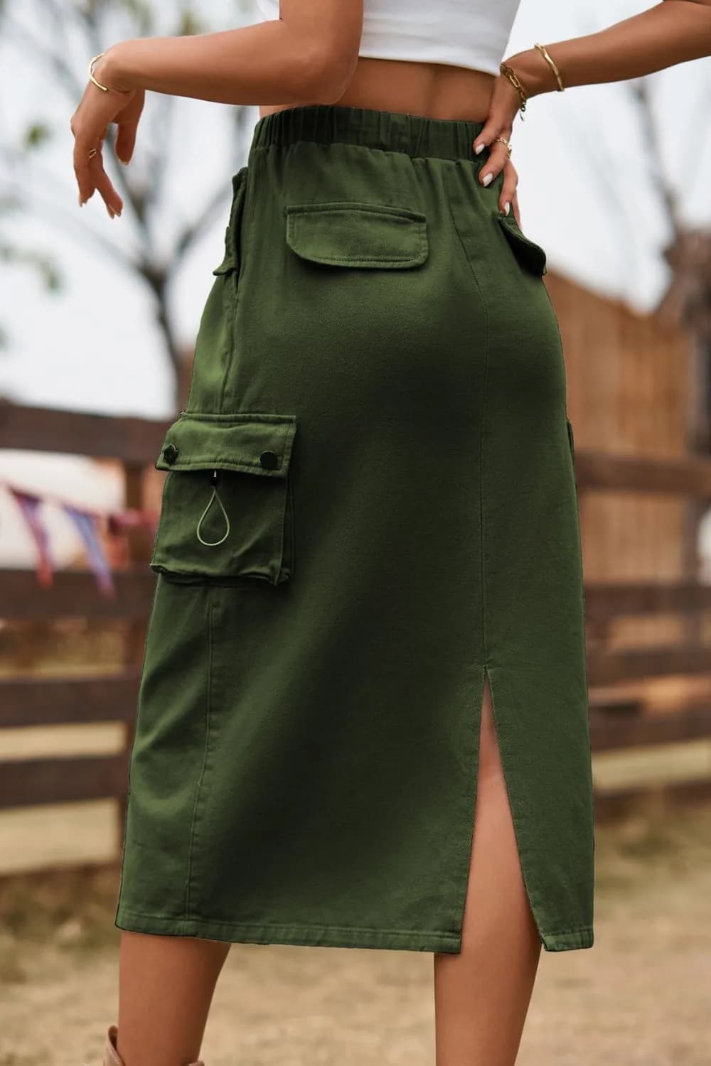 Drawstring Waist Slit Denim Skirt in Multiple Colors