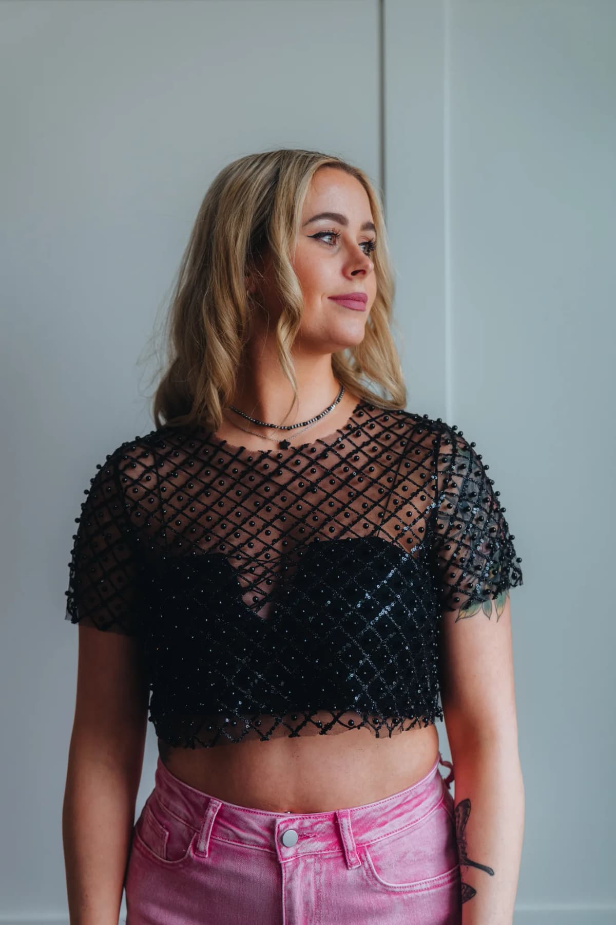 Mesh Beaded Sequin Crop Top
