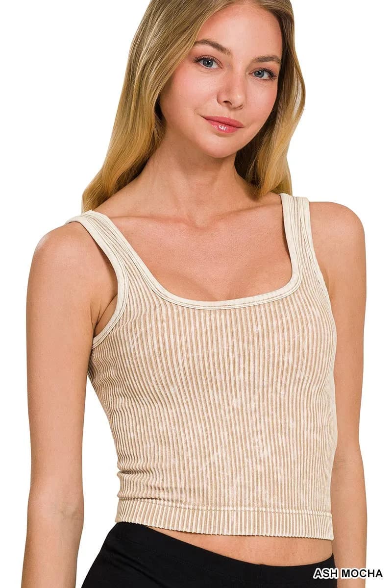 Stone Washed Ribbed Square Neck Tank Crop Top Zenana (Mahogony)