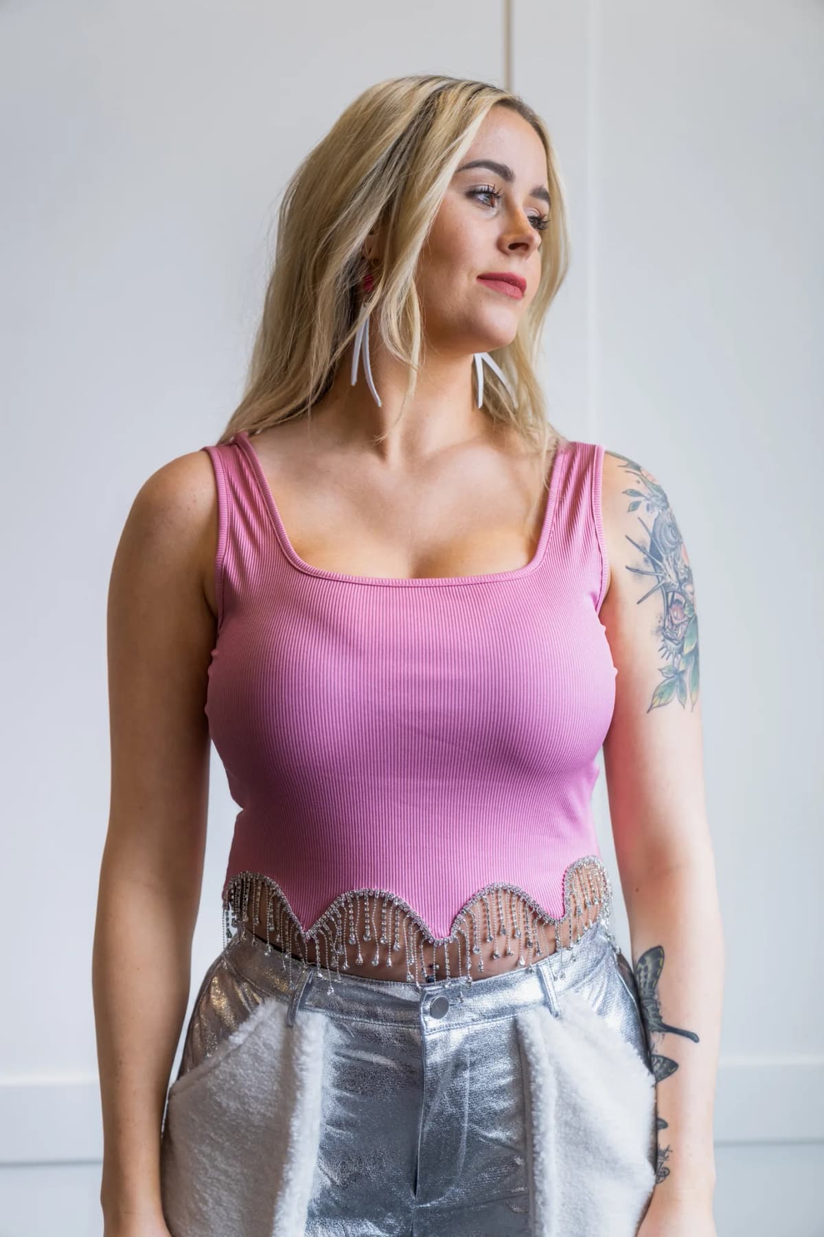 Plain U Neck Diamond Tassels Tank Top