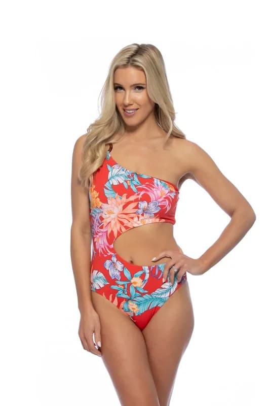 Tropical Ring Accent One Shoulder One Piece Swim