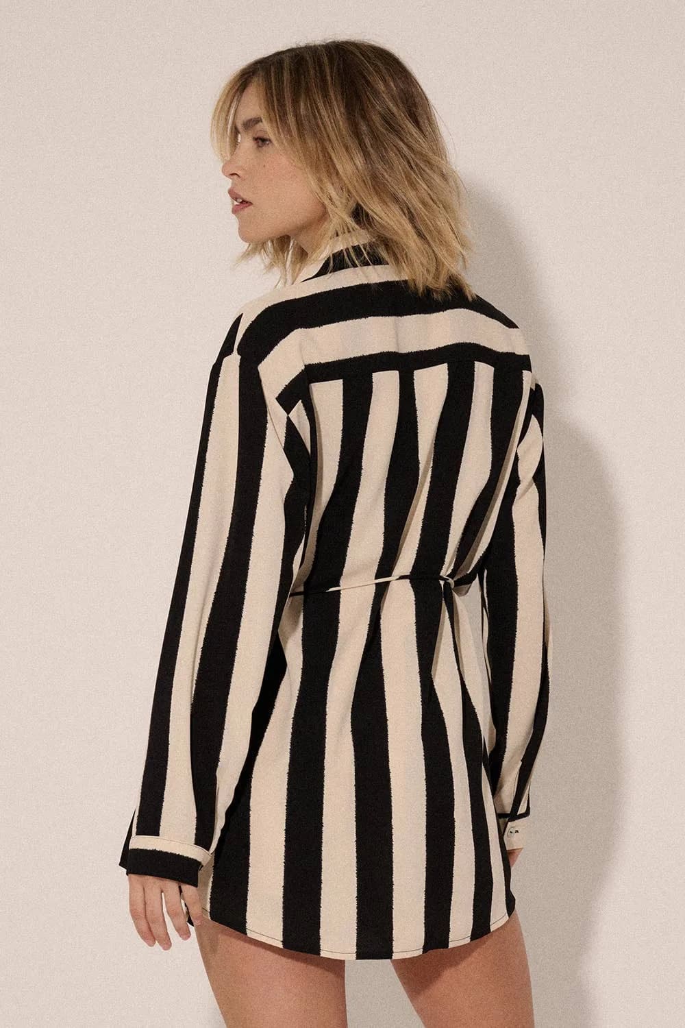 Striped Collar Neck Button Front Yoke Back Romper By Promesa