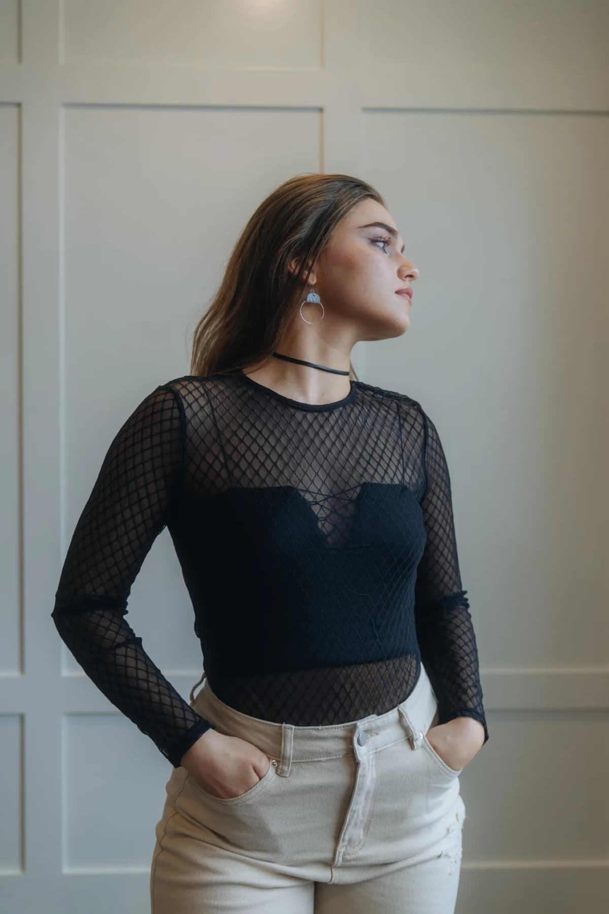 Lattice Mesh Round Neck Long Sleeve Bodysuit