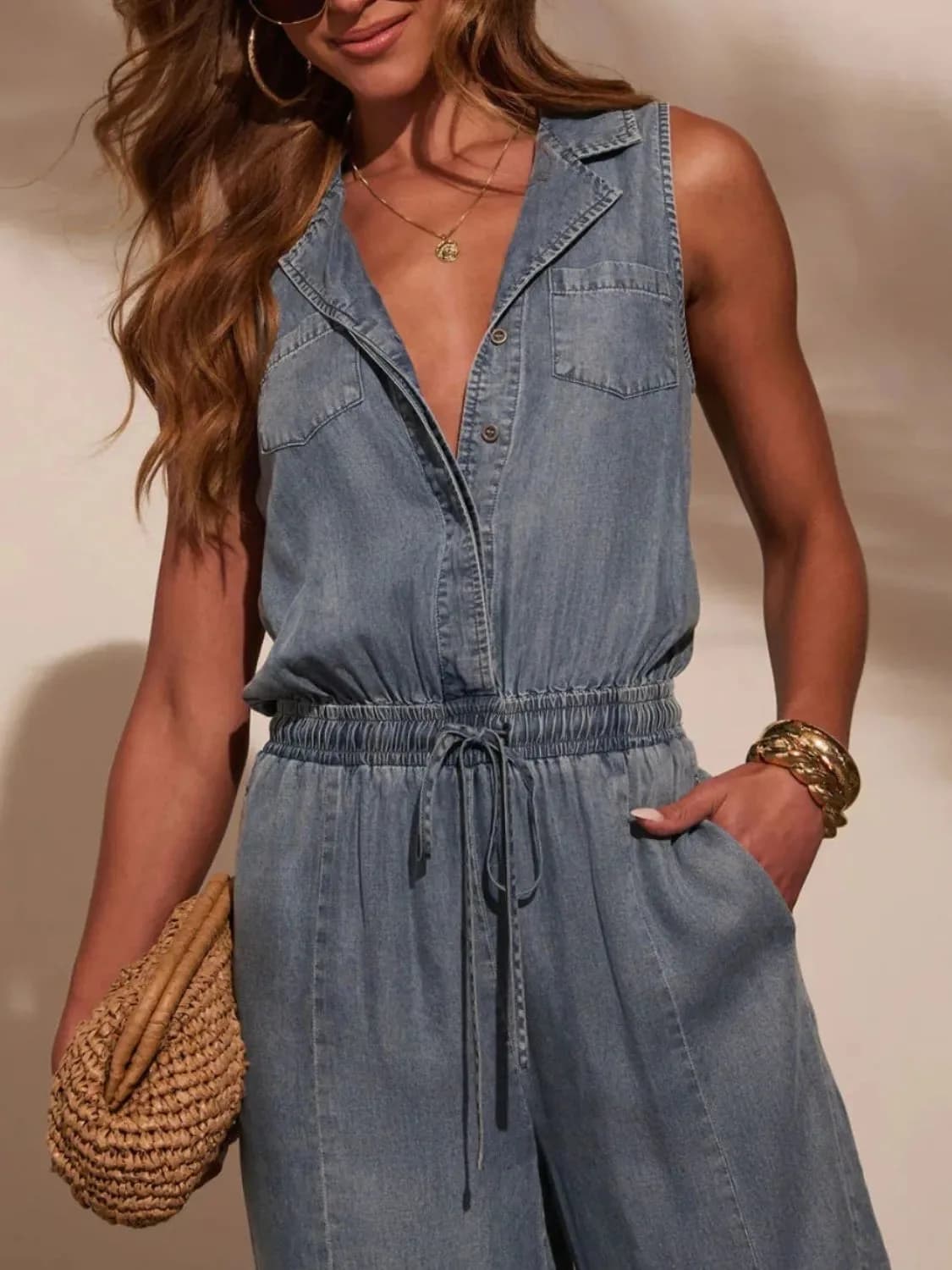 Sleeveless Drawstring Waist Washed Denim Jumpsuit