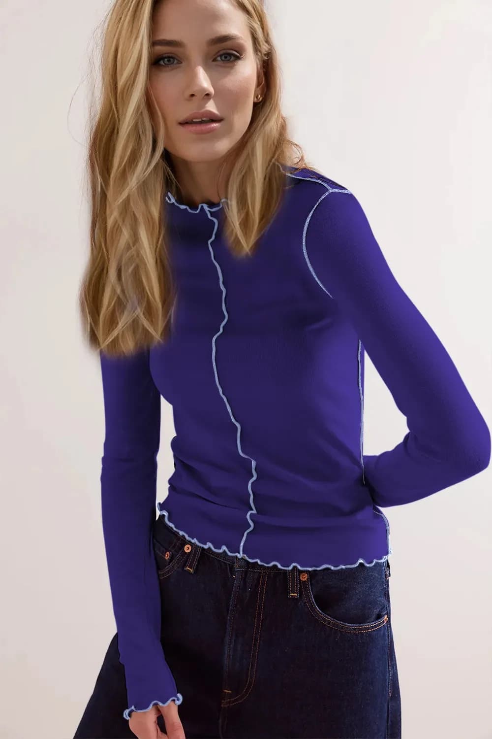 Basic Bae Contrast Trim Mock Neck Long Sleeve T-Shirt in Multiple Colors
