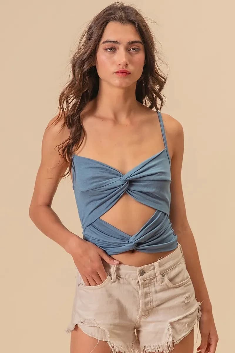 BiBi Rayon Span Jersey Knit Double Twist Front Cami Top