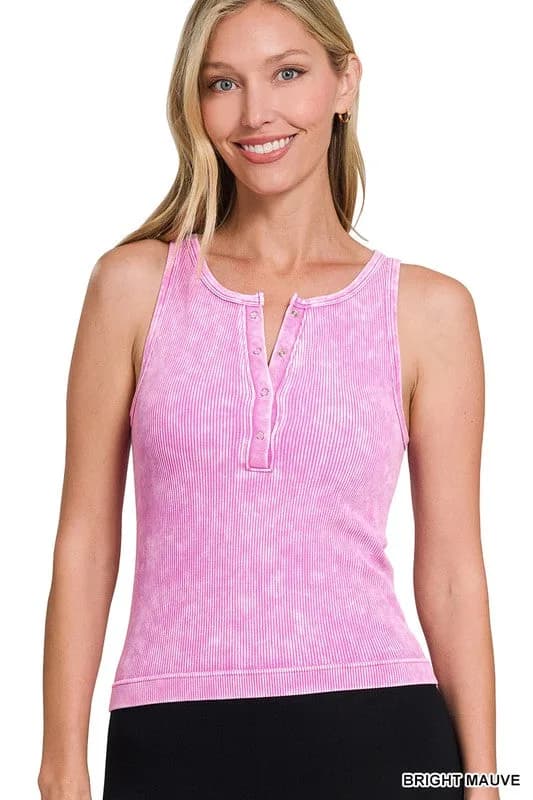 Washed Ribbed Seamless Button Up Tank Top