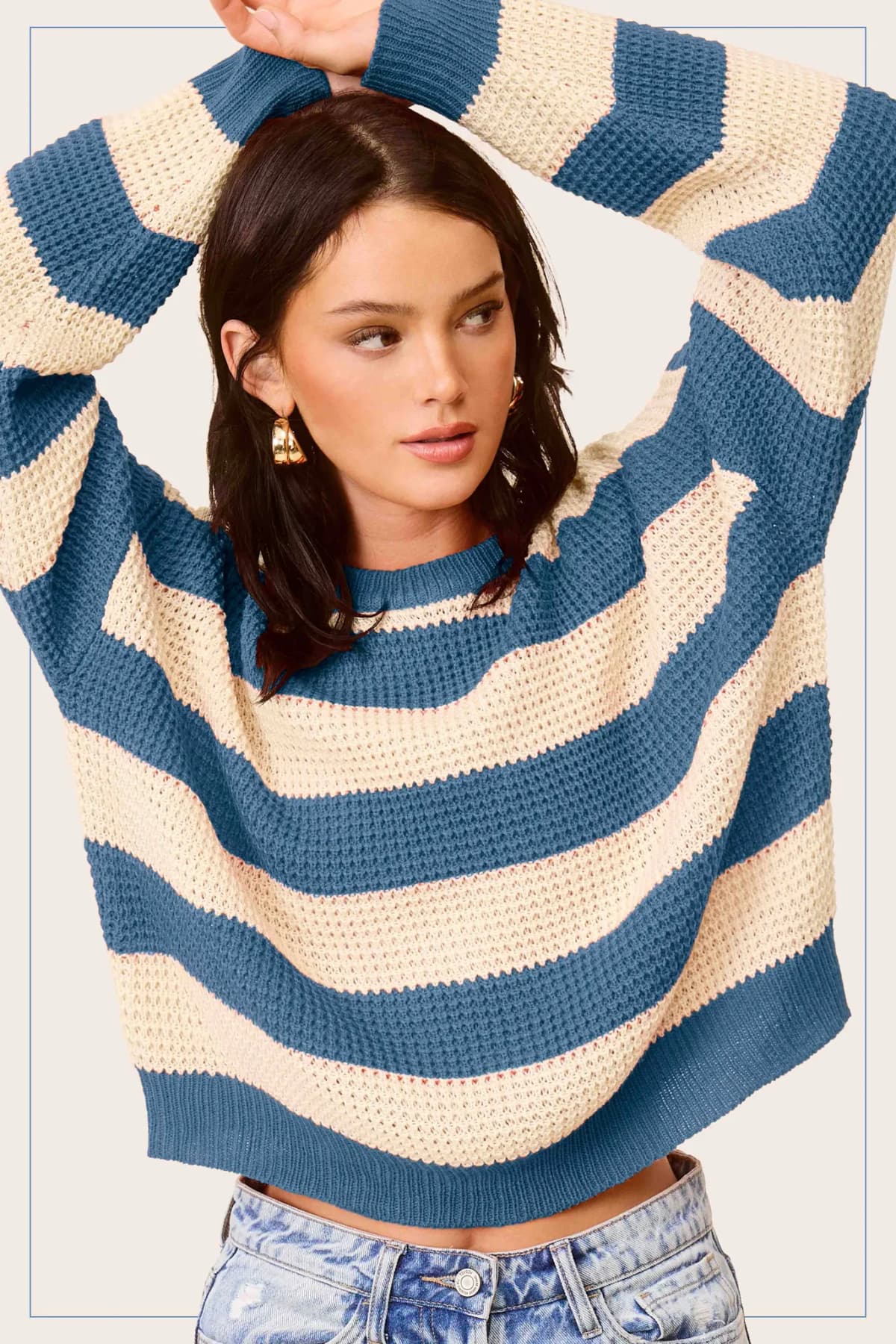 Loose Fit Striped Round Neck Long Sleeve Sweater (Fushia)