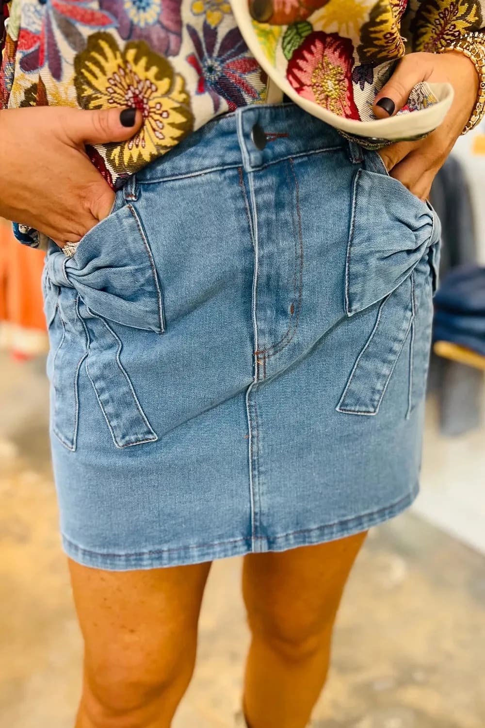 Acid Wash Bowknot Details High Waist Denim Skirt