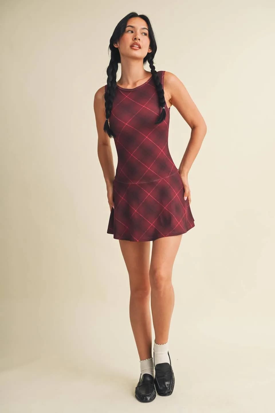 Plaid Print A-Line Mini Dress with Drop Waist by Glowie