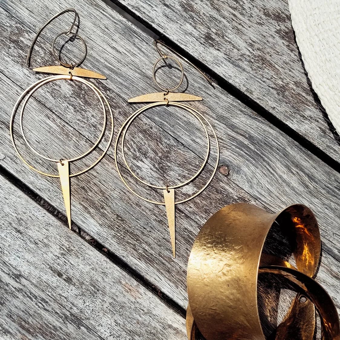 Brass Hoops Big Light Chandelier Earrings Handmade Solstice by Bisjoux