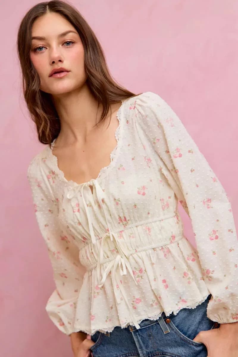 SO ME Floral Clip Dot Lace Trim Ruched Bodice Blouse