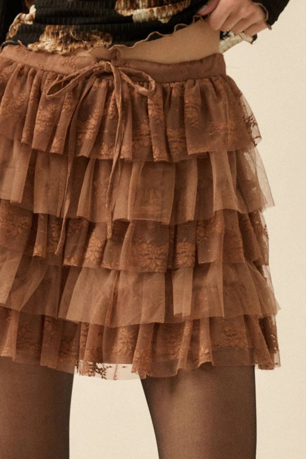Brown Lace and Tulle Tiered Ruffle Mini Skirt by Promesa