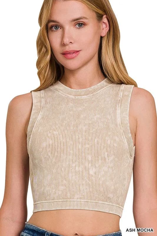 Stone Washed Ribbed Seamless Crop Tank Top Zenana
