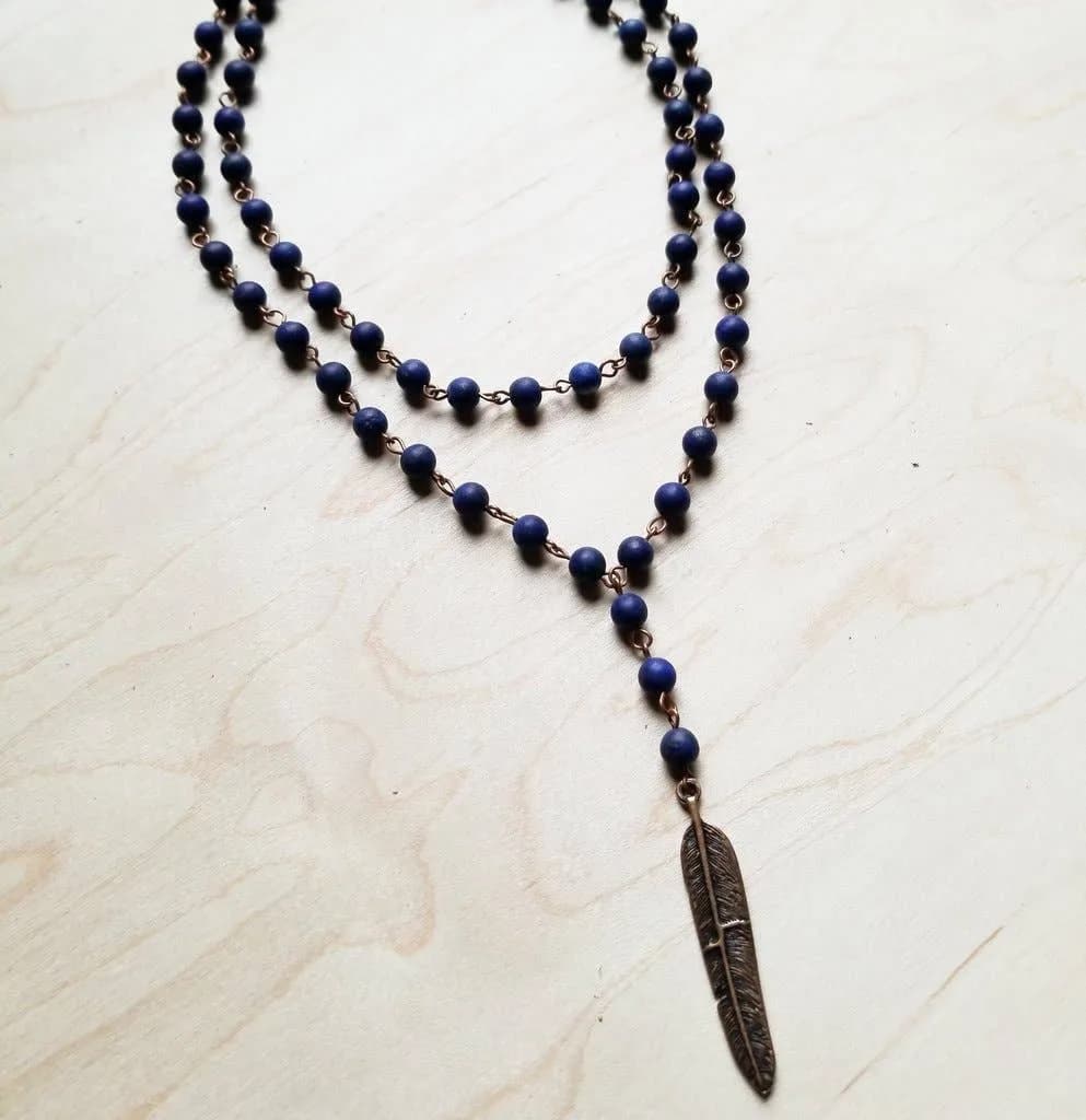 Blue Lapis Double Strand Lariat Necklace with Copper Feather