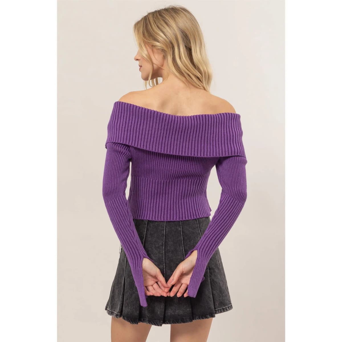 Washed Off Shoulder Zipper Front Sweater Top