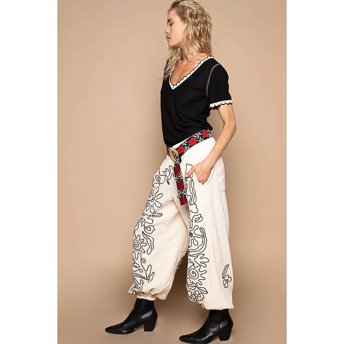 Floral Embroidered Pattern Solid Twill Jogger Pants by POL