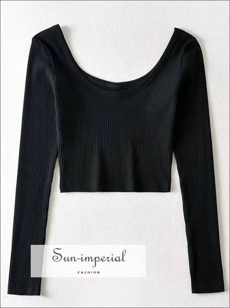 Women Solid Black Scoop Neck Rib Crop TShirt With Low Sun Imperial (White)