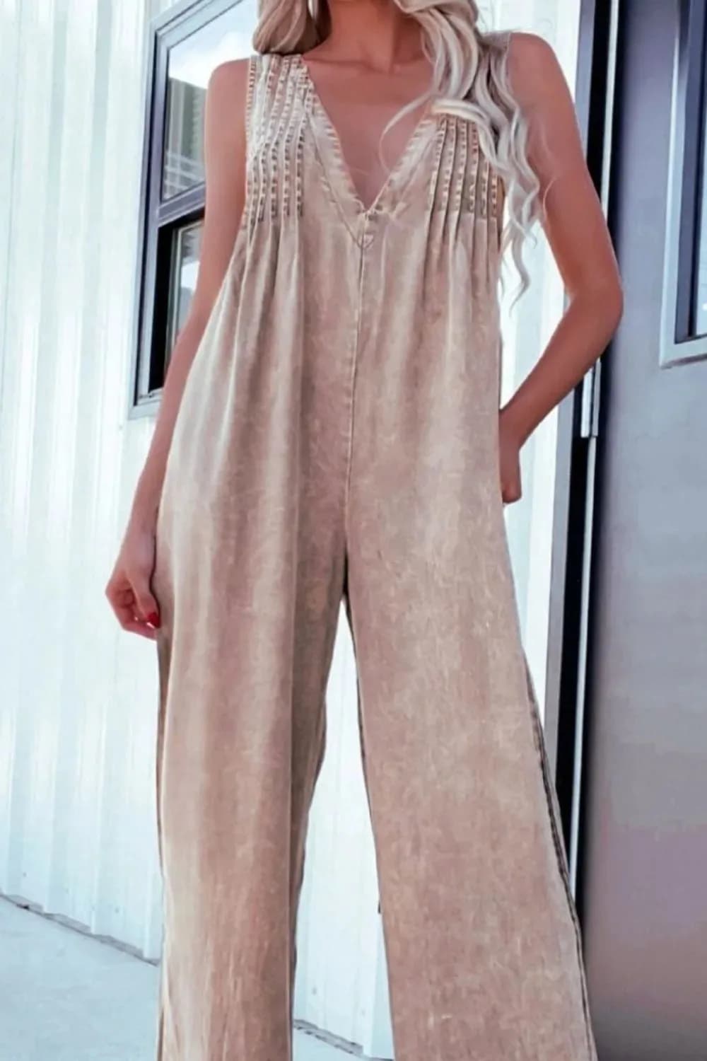 V-Neck Wide Leg Denim Jumpsuit in Khaki and Medium Wash