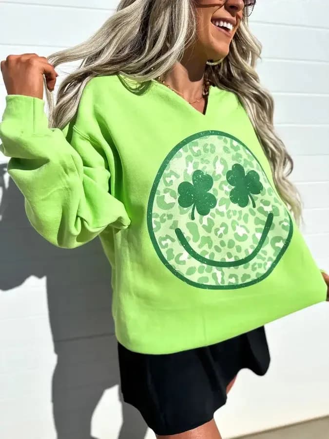 Clover Smiley Split Neck Lime Graphic Crewneck
