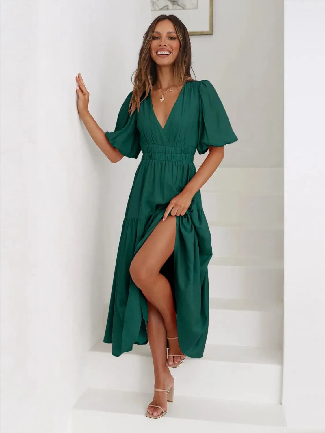 Tiered Surplice Half Sleeve Midi Dress in Multiple Colors