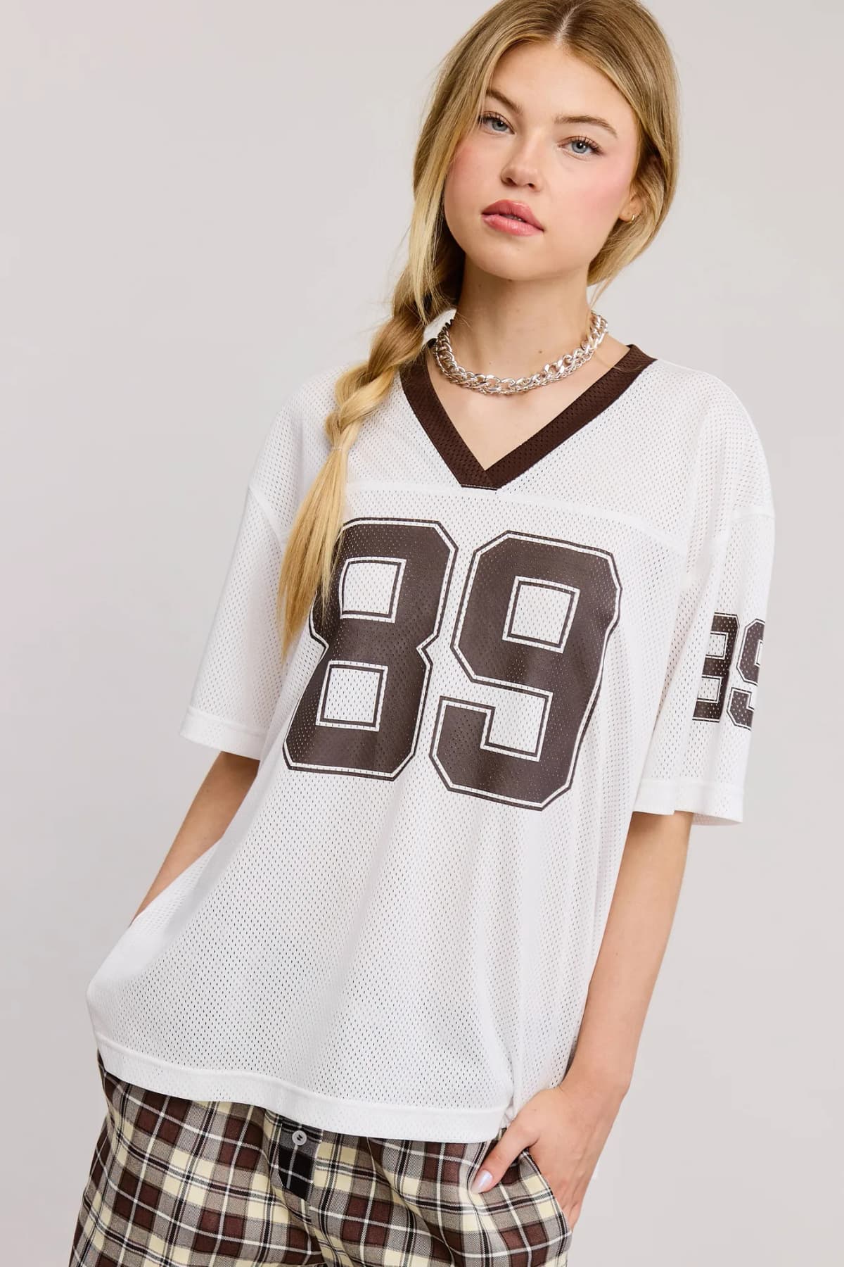 V Neck Sporty Jersey Shirt Top With Printed 89